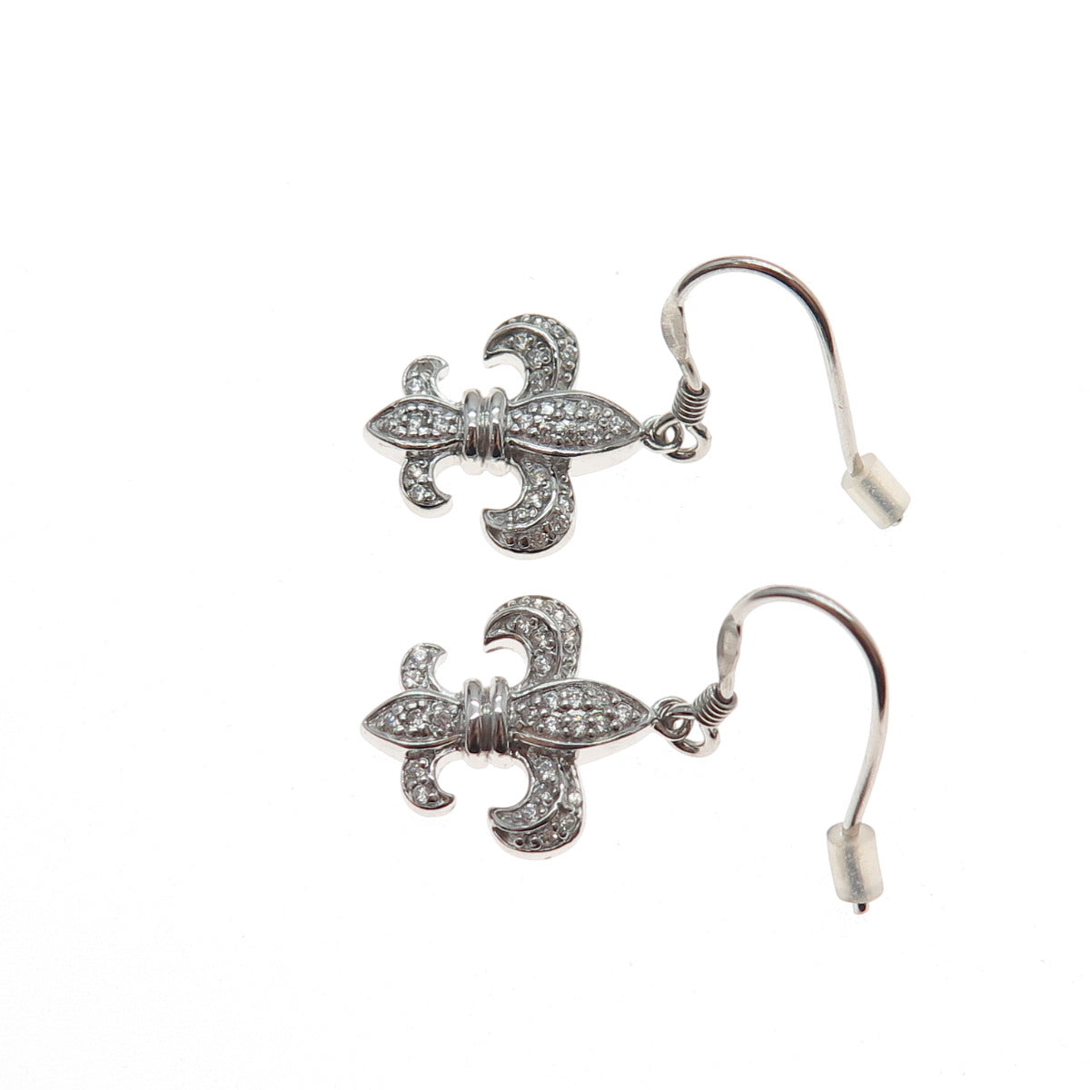 925 Sterling Silver Round-Cut C Z Fleur de Lis Dangle Earrings
