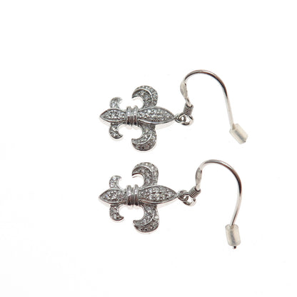 925 Sterling Silver Round-Cut C Z Fleur de Lis Dangle Earrings