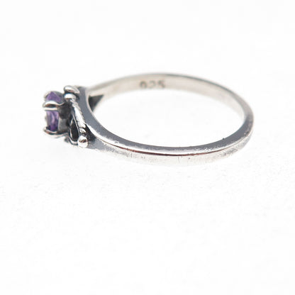 925 Sterling Silver Vintage Real Amethyst Heart Oxidized Ring Size 5.75