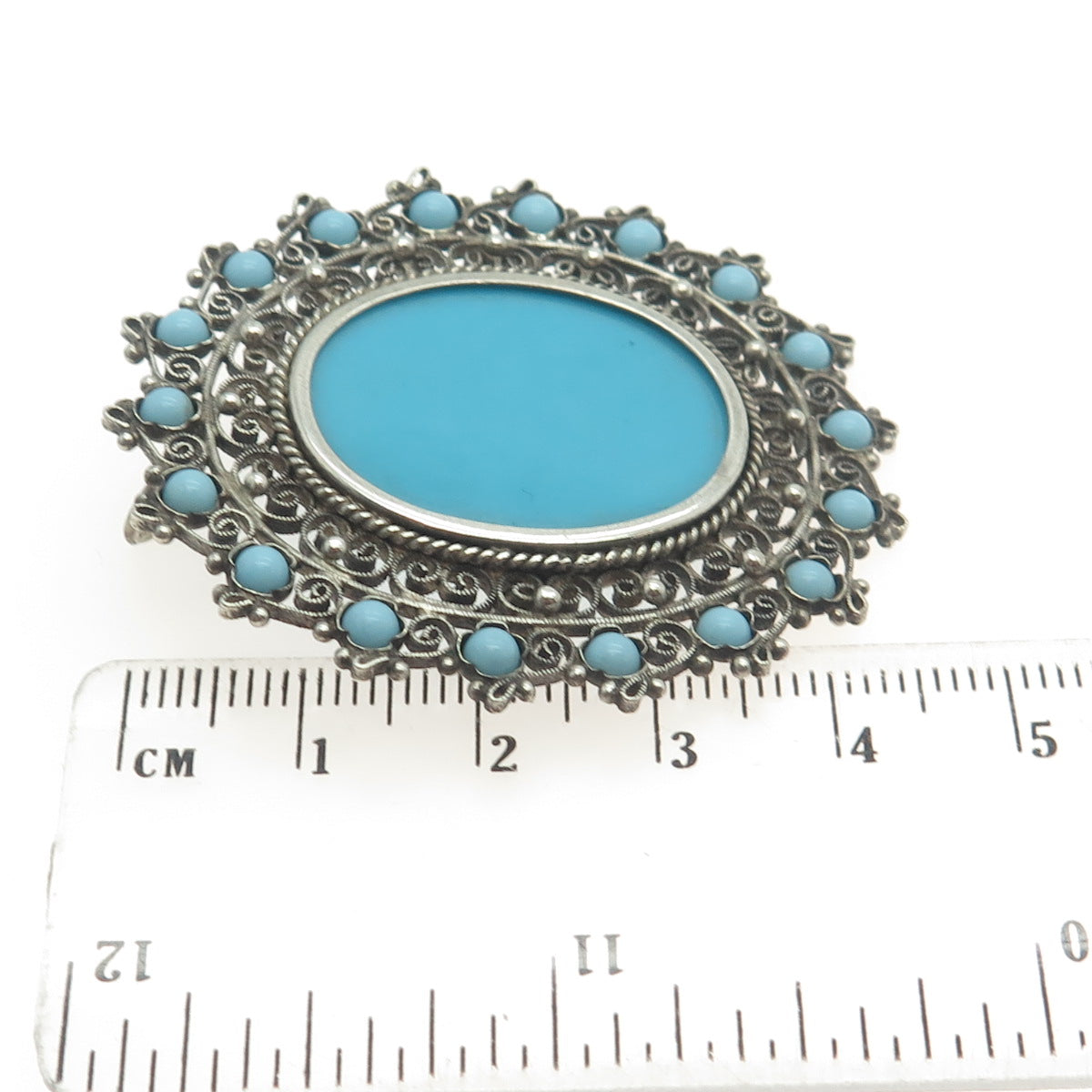 800 Silver Vintage Faux Turquoise Filigree Pin Brooch / Pendant