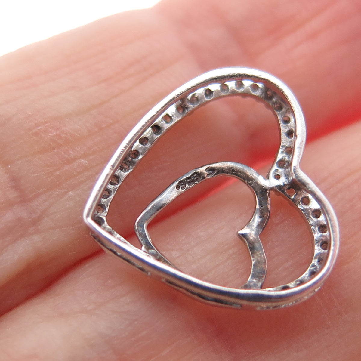 925 Sterling Silver Real Round-Cut Diamond Double Heart Mini Slide Pendant