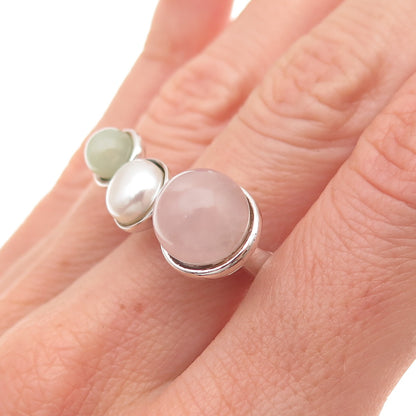 925 Sterling Silver Vintage Real Rose Quartz Jade Pearl Modernist Ring Size 7.75