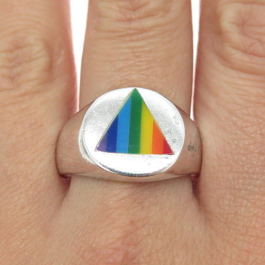 925 Sterling Silver Vintage Rainbow Enamel "Happy Pride" Signet Ring Size 12