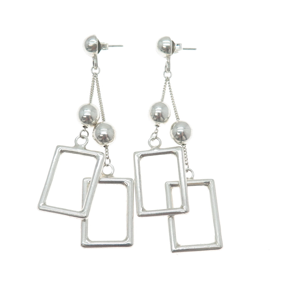 925 Sterling Silver Vintage Modernist Drop Ball & Frame Dangle Earrings