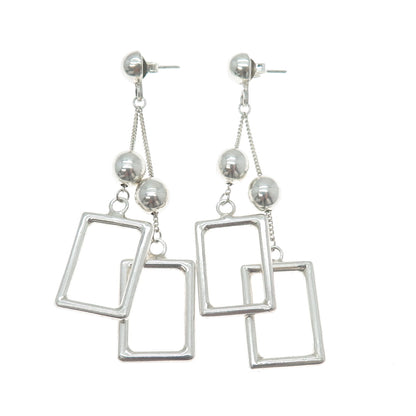 925 Sterling Silver Vintage Modernist Drop Ball & Frame Dangle Earrings