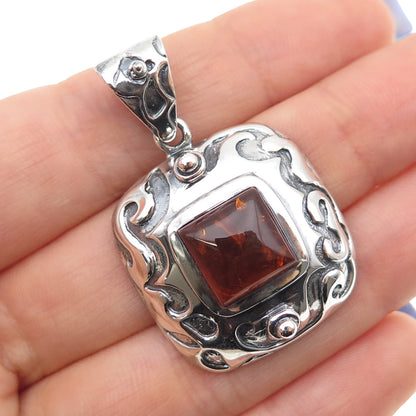 925 Sterling Silver Vintage Real Amber Swirl Oxidized Charm Pendant