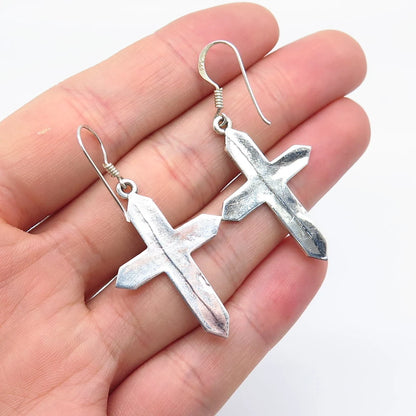 925 Sterling Silver Vintage Carved Cross Dangling Earrings