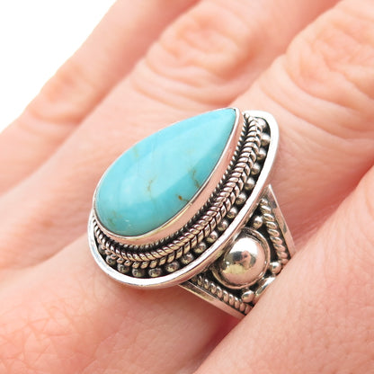 925 Sterling Silver Vintage Real Lone Mountain Turquoise Beaded Ring Size 8.75
