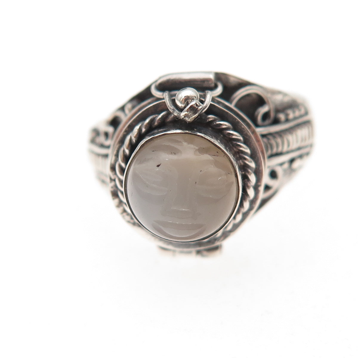 925 Sterling Silver Vintage Real Moonstone Goddess Poison Ring Size 7.5