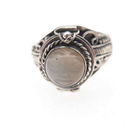 925 Sterling Silver Vintage Real Moonstone Goddess Poison Ring Size 7.5