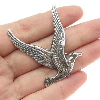 925 Sterling Silver Antique Art Deco Seagull Bird Repousse Oxidized Pin Brooch