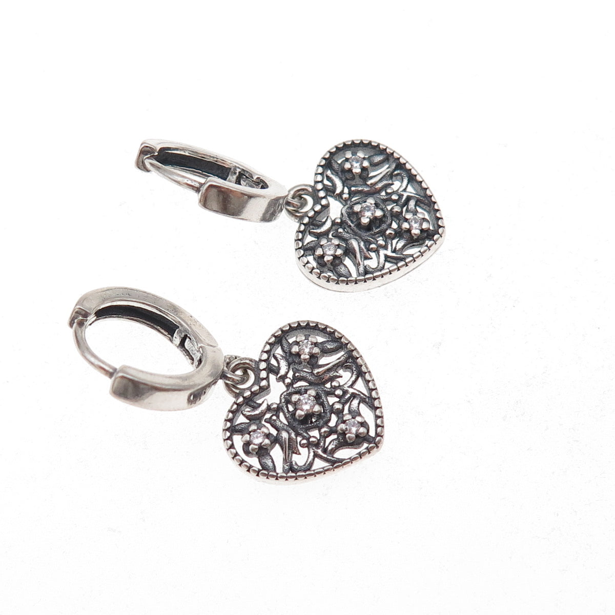 925 Sterling Silver Round-Cut C Z Heart Dangle Charm Hoop Earrings