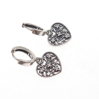 925 Sterling Silver Round-Cut C Z Heart Dangle Charm Hoop Earrings
