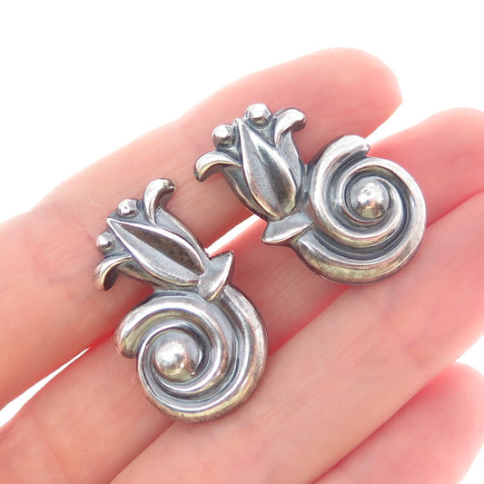 925 Sterling Silver Vintage Modernist Tulip Flower Oxidized Screw Back Earrings