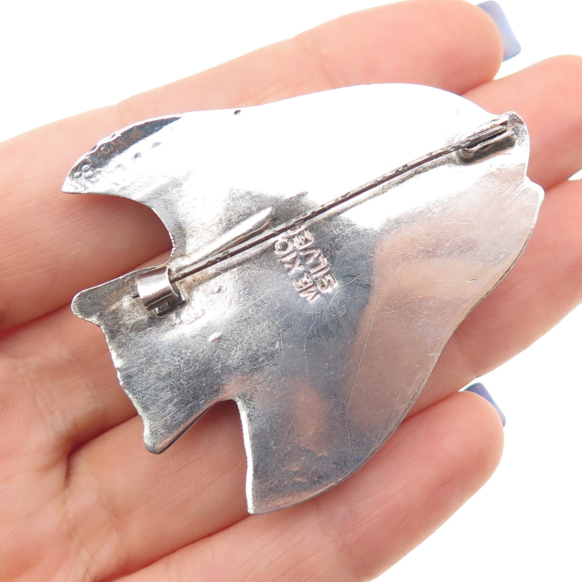 925 Sterling Silver Vintage Mexico Real Aventurine Fish Oxidized Pin Brooch