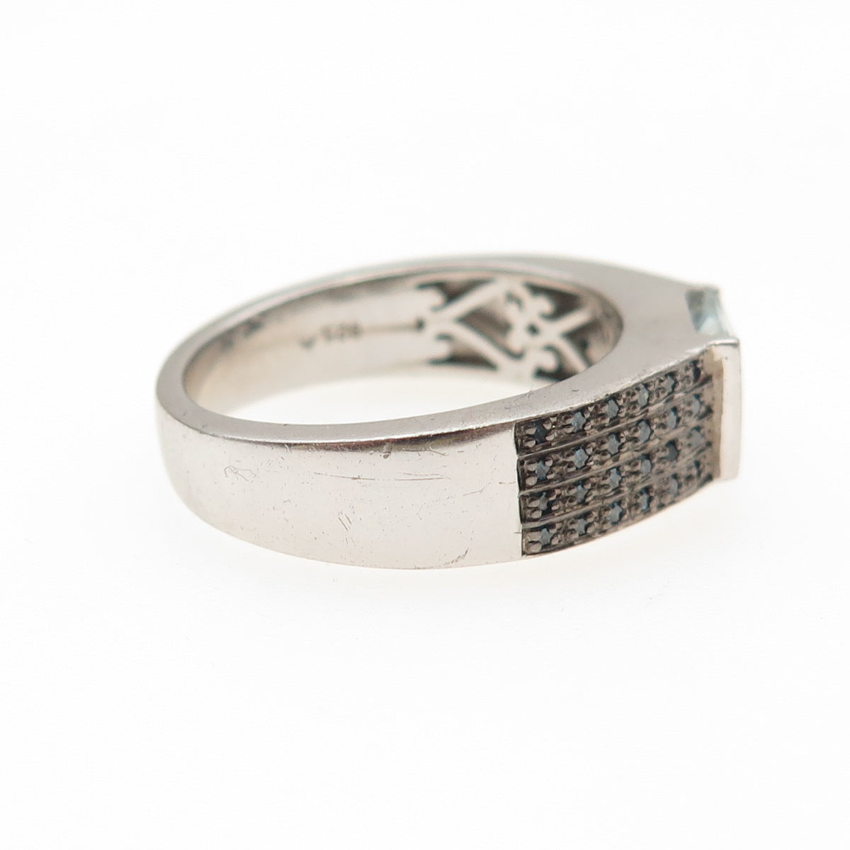 925 Sterling Silver Real Blue Diamond & Princess-Cut Aquamarine Ring Size 11