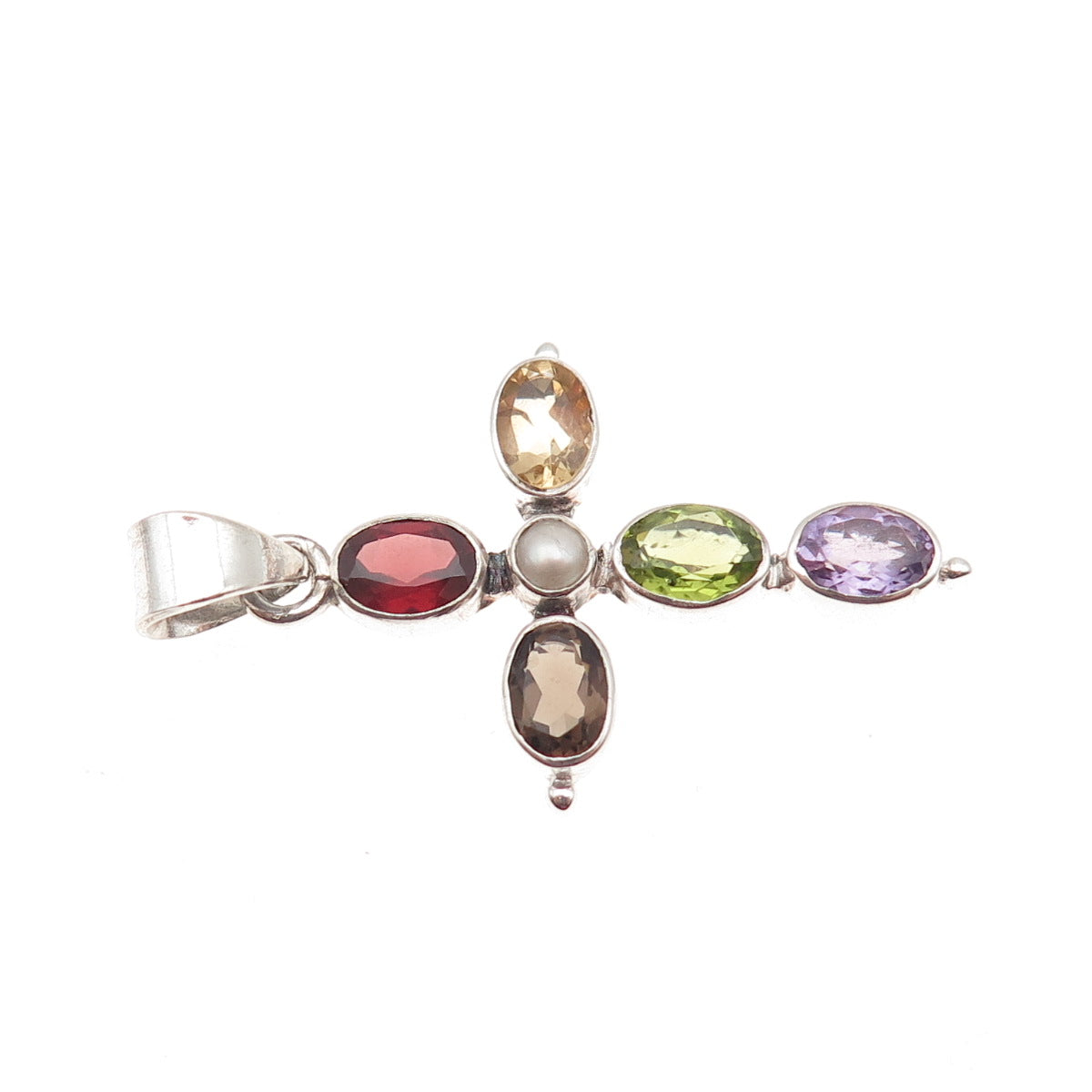 925 Sterling Vintage Pearl Quartz Citrine Garnet Amethyst Peridot Cross Pendant