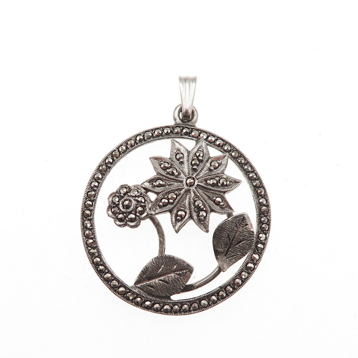925 Sterling Silver Antique Art Deco Real Marcasite Floral Charm Pendant