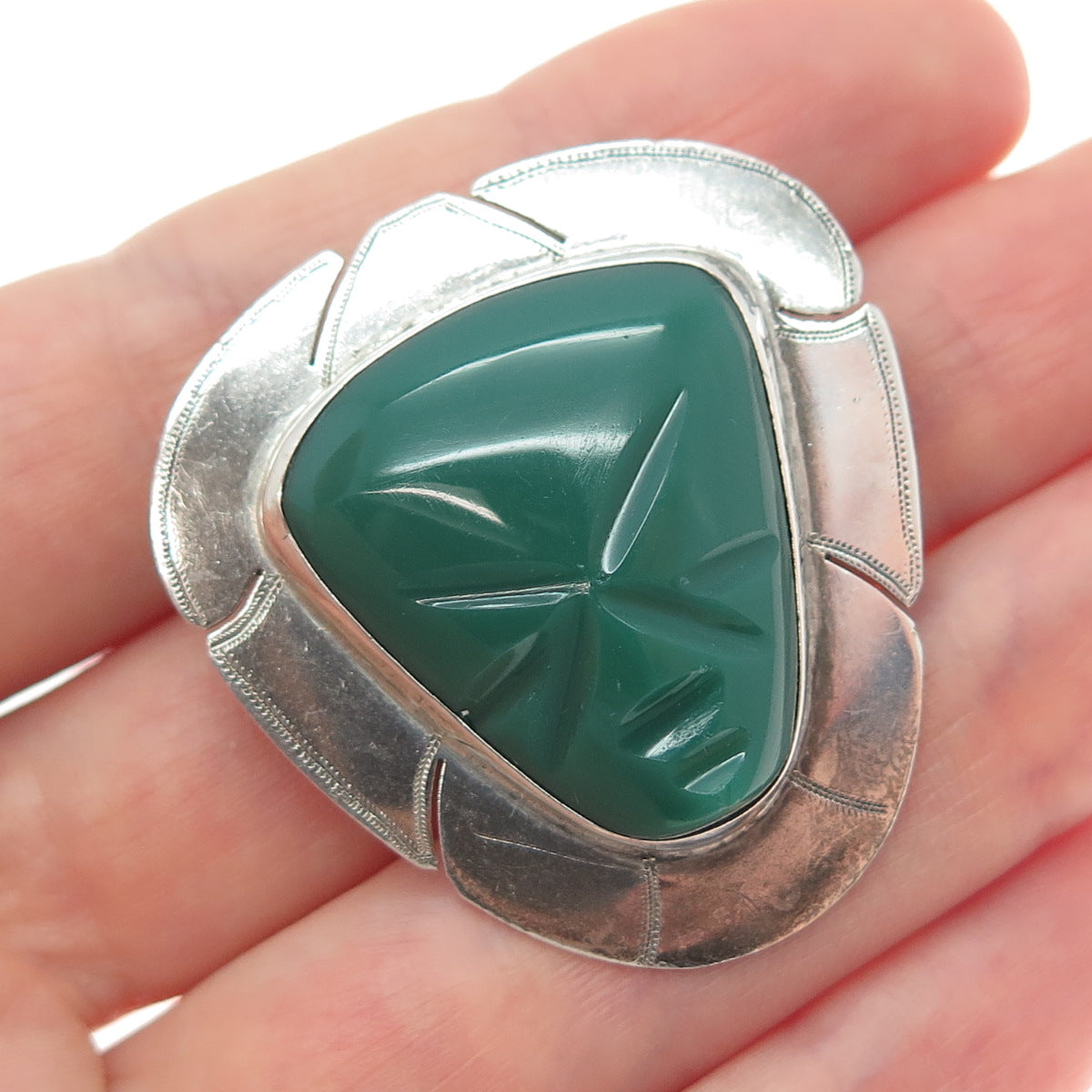 925 Sterling Silver Vintage Mexico Real Green Onyx Aztec God Pin Brooch Pendant