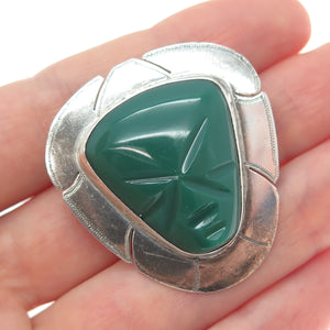 925 Sterling Silver Vintage Mexico Real Green Onyx Aztec God Pin Brooch Pendant