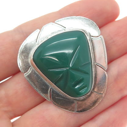 925 Sterling Silver Vintage Mexico Real Green Onyx Aztec God Pin Brooch Pendant