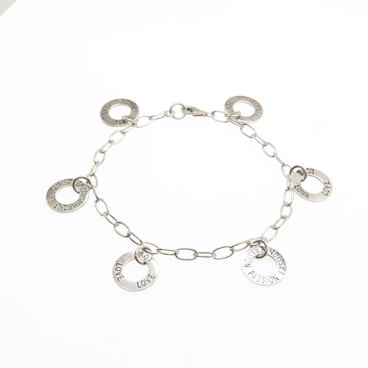 925 Sterling Silver Vintage Love Peace Strength Passion Friendship Bracelet 7"