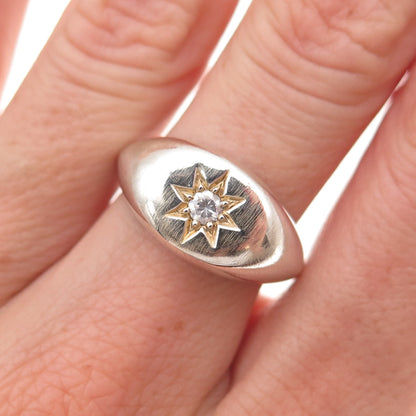 925 Sterling Silver Vintage Round-Cut C Z Sun Signet Ring Size 7