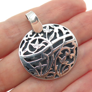 925 Sterling Silver Vintage Modernist Floral Oxidized Charm Pendant