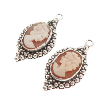 925 Sterling Silver Vintage Real MOP Carved Lady Cameo Beaded Jacket Earrings