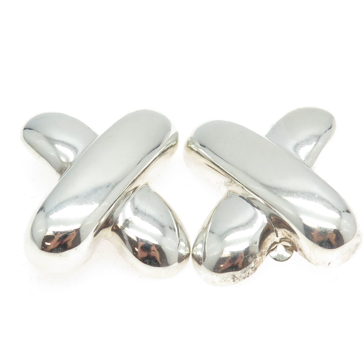 925 Sterling Silver Vintage Puffy "X" Kisses Modernist Clip On Earrings