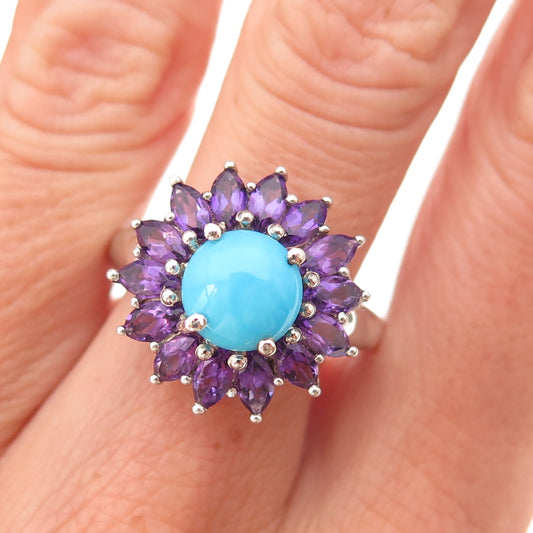 Chuck Clemency 925 Sterling Silver Real Turquoise & Amethyst Floral Ring Size 8