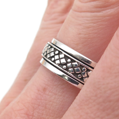 925 Sterling Silver Vintage Granulated Oxidized Rotating Band Ring Size 12.75
