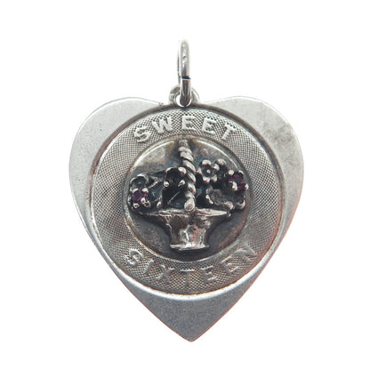 925 Sterling Silver Vintage Rhinestone Sweet Sixteen Heart Charm Pendant