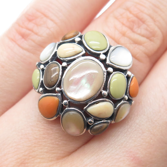 CFJ Collins Fine 925 Sterling Vintage MOP Turquoise Coral Tiger Eye Ring Size 6