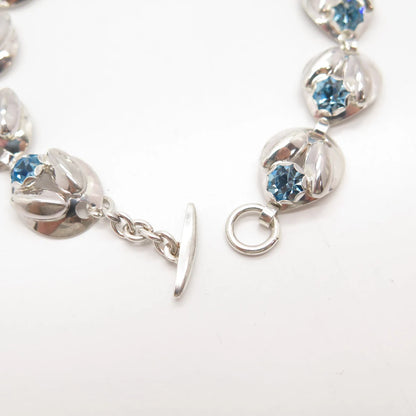 925 Sterling Silver Vintage Blue Rhinestone Modernist Link Bracelet 7.5"