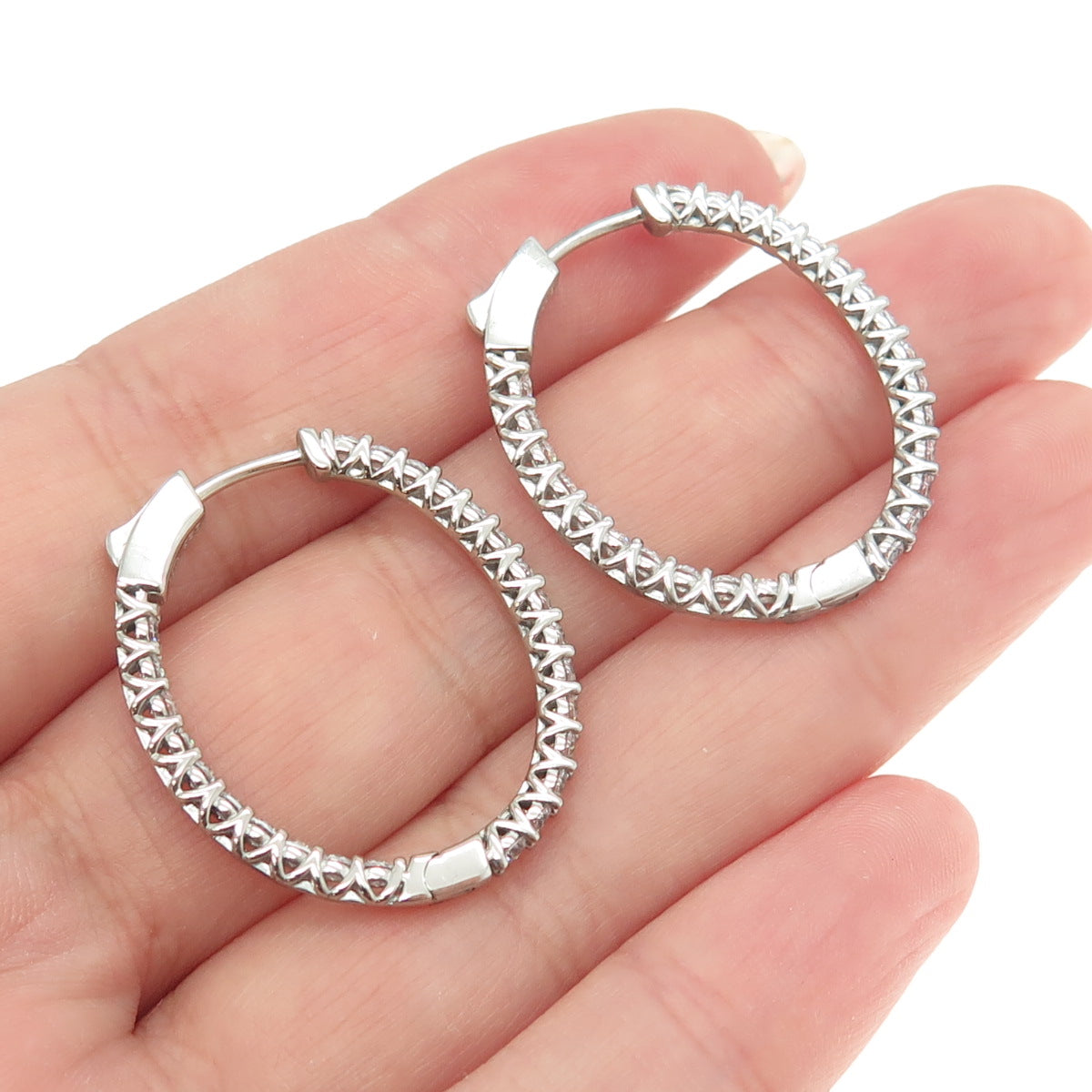 KLEO 925 Sterling Silver Round-Cut C Z In & Out Oval Hoop Earrings