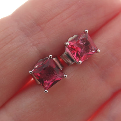 925 Sterling Silver Princess-Cut Pink C Z Stud Earrings