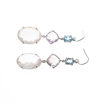 DSMK 925 Sterling Silver Real Rose Quartz Amethyst & Blue Topaz Dangle Earrings