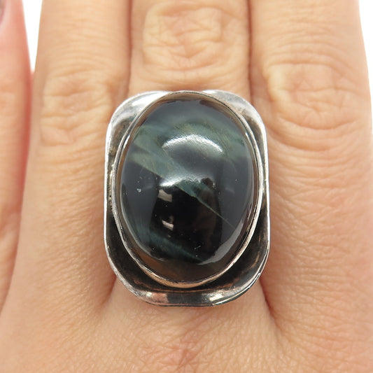 925 Sterling Silver Vintage Real Black Tiger Eye Gemstone Ring Size 8.75