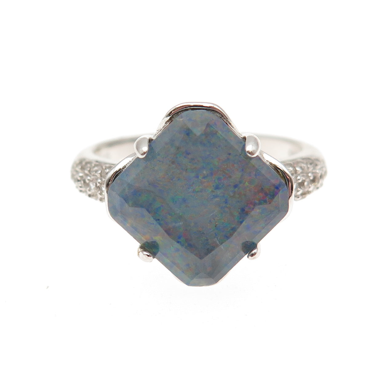 925 Sterling Silver Real Doublet Black Opal & White Topaz Ring Size 10.5