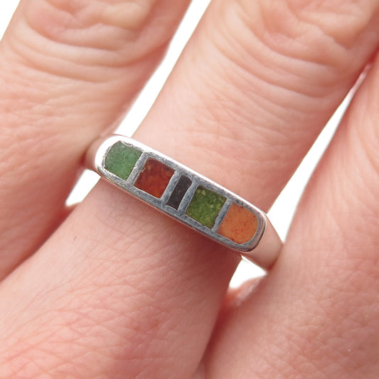 Carolyn Pollack Sterling Vintage Real Turquoise Coral Onyx Inlay Ring Size 9.25