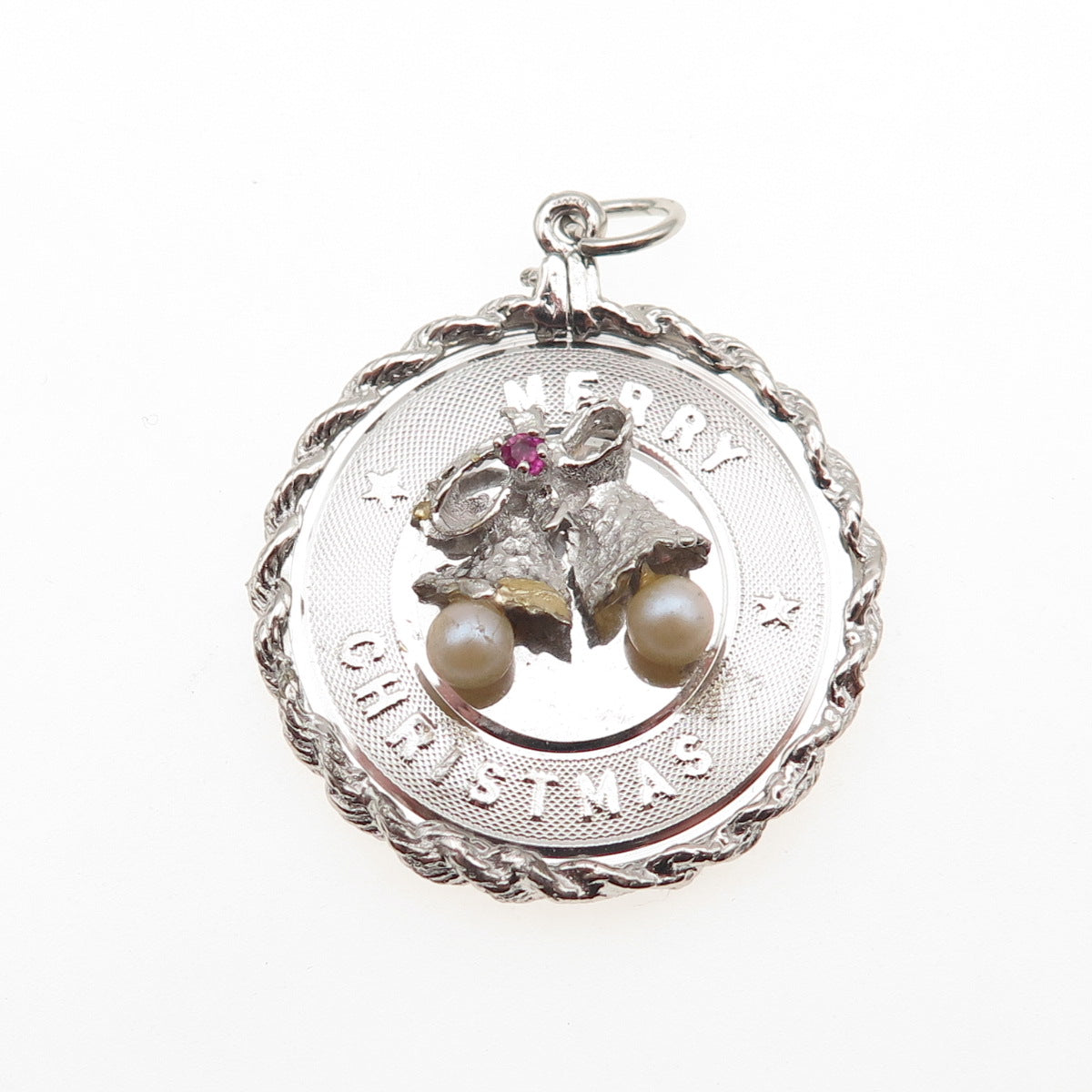 925 Sterling Silver Vintage Faux Pearl Rhinestone Merry Christmas Bells Pendant