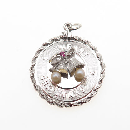 925 Sterling Silver Vintage Faux Pearl Rhinestone Merry Christmas Bells Pendant