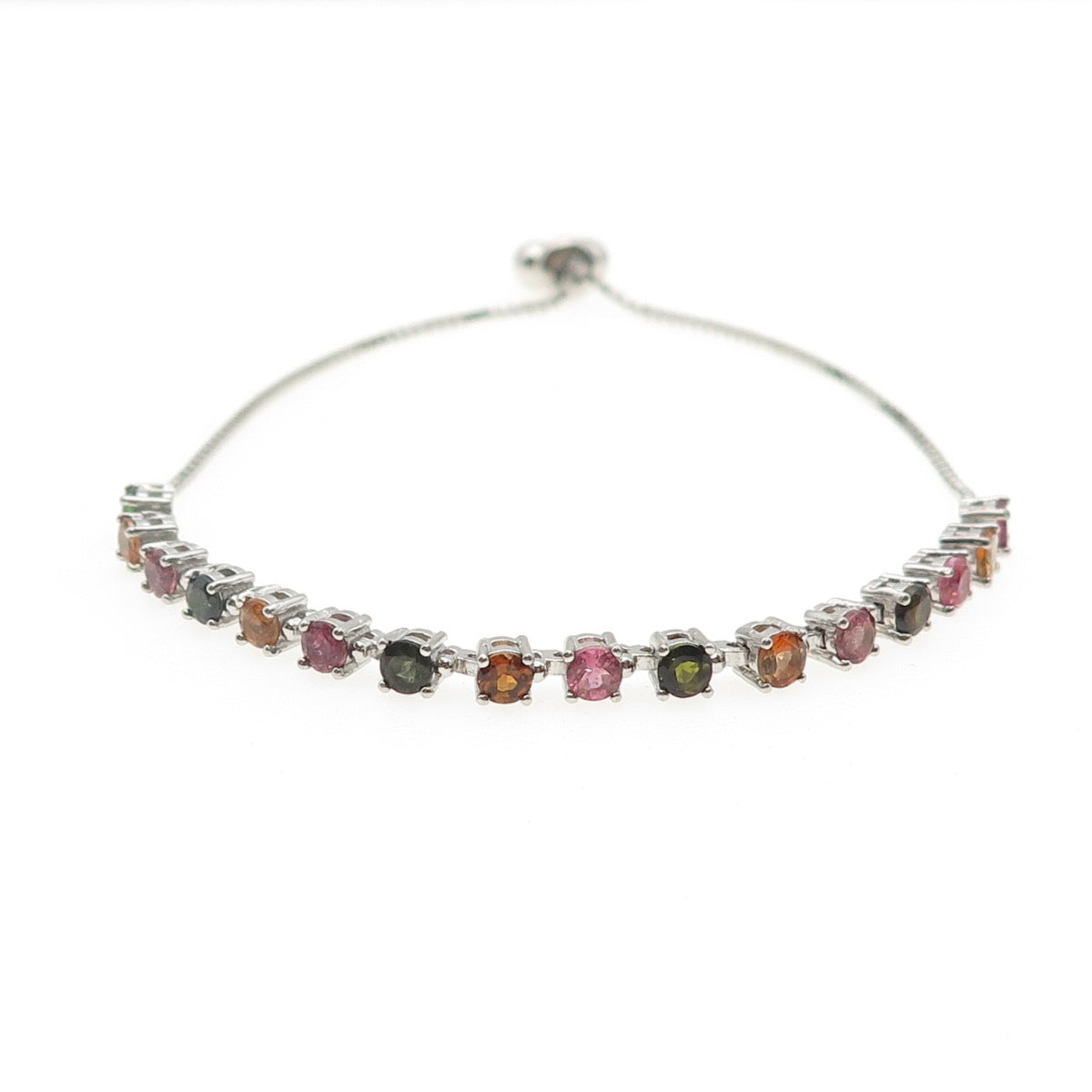 925 Sterling Silver Real Multi-Color Tourmaline Adjustable Bolo Bracelet 6-9.25"