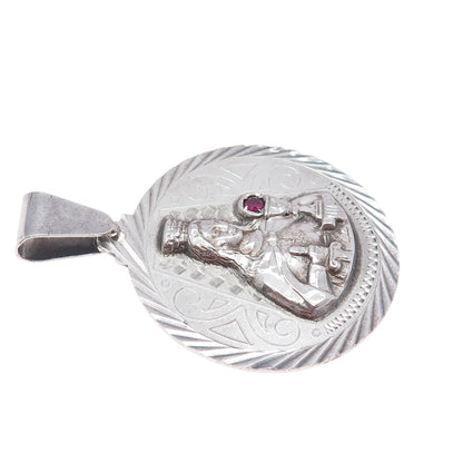 925 Sterling Silver Vintage Real Ruby St. Barbara Religious Oxidized Pendant