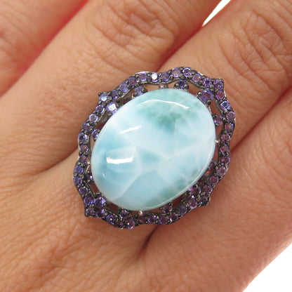 925 Sterling Silver Real Larimar & Amethyst Ring Size 7.25