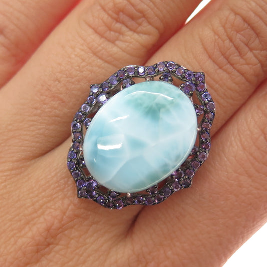925 Sterling Silver Real Larimar & Amethyst Ring Size 7.25