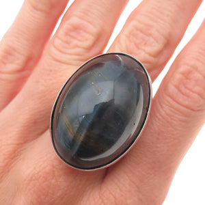 925 Sterling Silver Vintage Real Black Tiger Eye Statement Ring Size 8.25