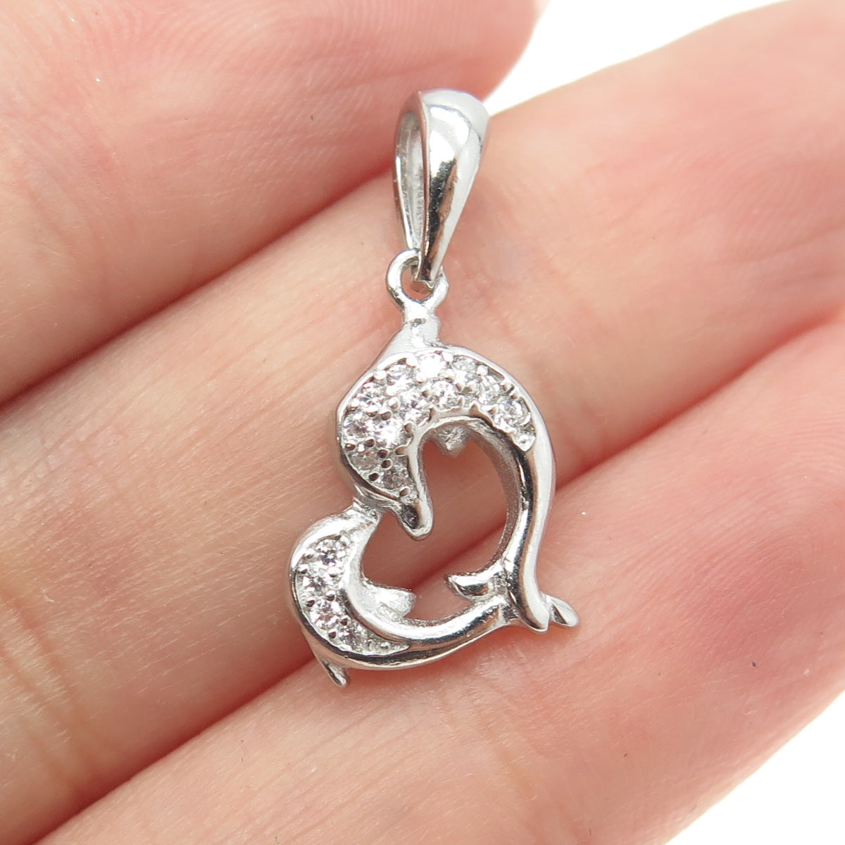 925 Sterling Silver Round-Cut C Z Dolphin Couple Heart Pendant