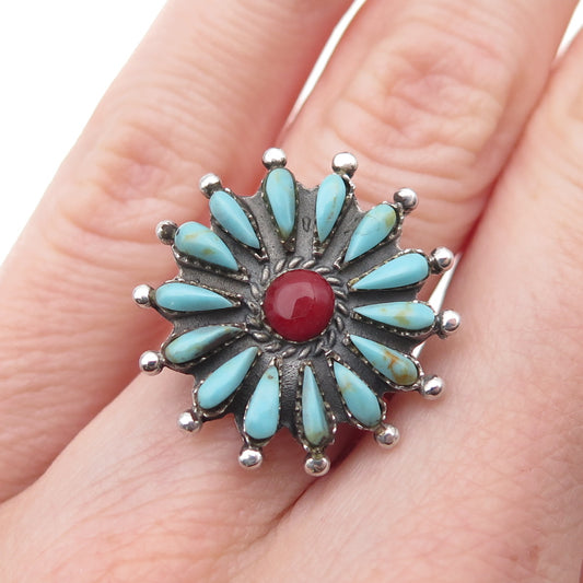 925 Sterling Silver Vintage Real Turquoise & Coral Southwestern Ring Size 5.75